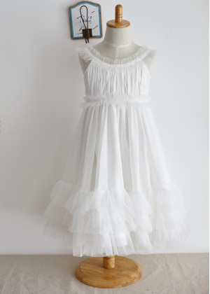 Ivory Chiffon Tulle Ruffles Pleated Flower Girl Dress